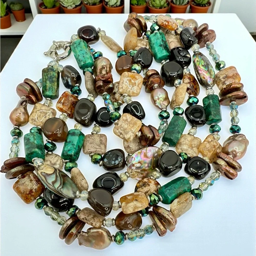 Three-Strand Multi-Gemstone Flameball Pearl Shell & Crystal Necklace 18” 20” 22” - Picture 17 of 17